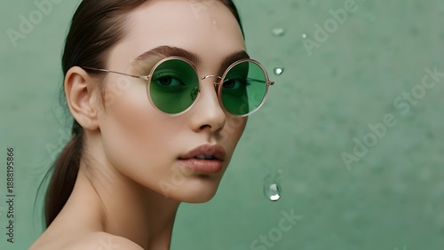 Graceful young woman in teardrop sunglasses blowing soap bubbles outdoors