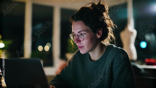 Woman working on laptop at night, focused and productive
