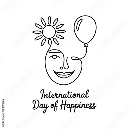 International Day of Happiness line art illustration with smiling face sun balloon