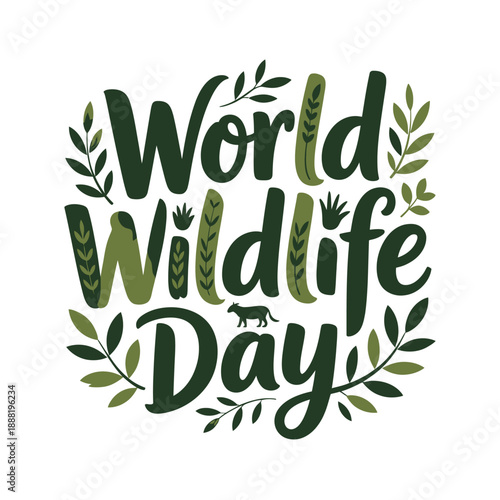 World Wildlife Day illustration with green leaves and animal silhouette