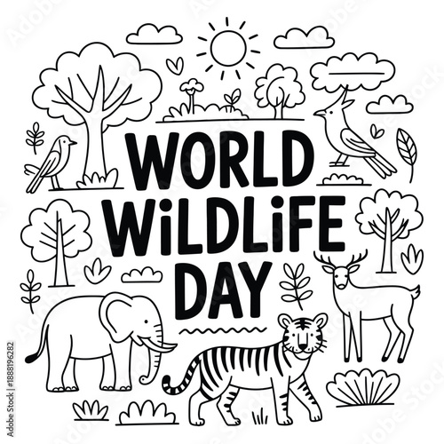 World Wildlife Day illustration with animals and trees and text on white background