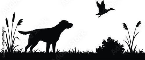 Dog silhouette in nature scene, hunting dog watching flying bird, countryside wildlife landscape vector illustration, black shapes, isolated background