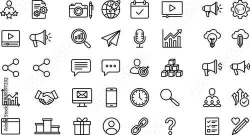 Business icons, marketing symbols, communication tools, productivity visuals, analytics, teamwork, content creation, strategy, planning, feedback, branding, digital media