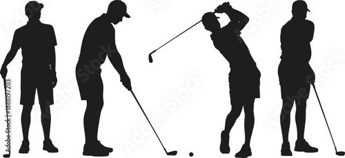 Golfer silhouette set showing swing stages, sports action, golf technique, athletic motion, flat vector illustration, black icons collection