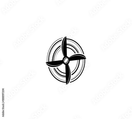 A simple black and white illustration of a propeller with circular design elements