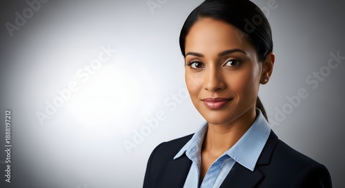 Professional portrait of a confident Indian businesswoman in a dark suit and light blue shirt against a gradient background.