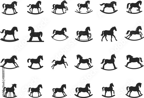 Horse and rocking horse silhouette set with varied poses and base styles, flat vector illustration, black icon collection