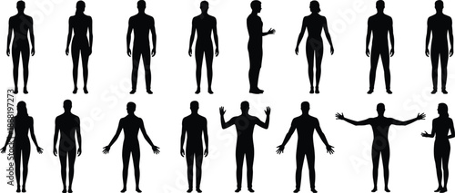Human body silhouette set with diverse poses and orientations, anatomical reference, gesture icons, flat vector illustration, black design collection