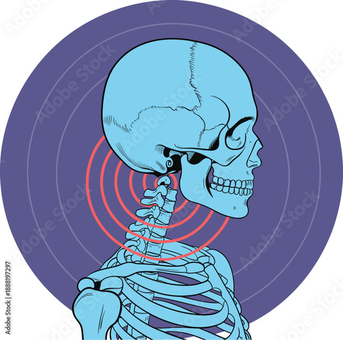 Human skull and cervical spine anatomy with pain focus, medical illustration, neurology, healthcare, flat vector illustration, silhouette icon set