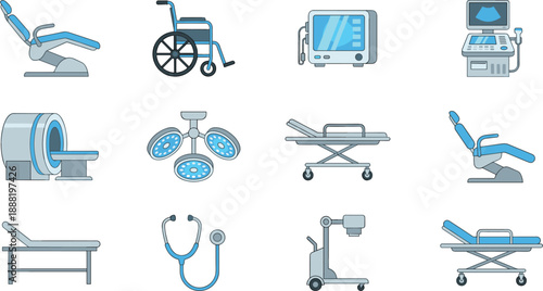Medical equipment icon set, dental chair, stretcher, monitor, scanner, hospital tools and devices, flat vector illustration