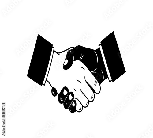 A symbolic black and white illustration depicting two hands in a firm handshake gesture