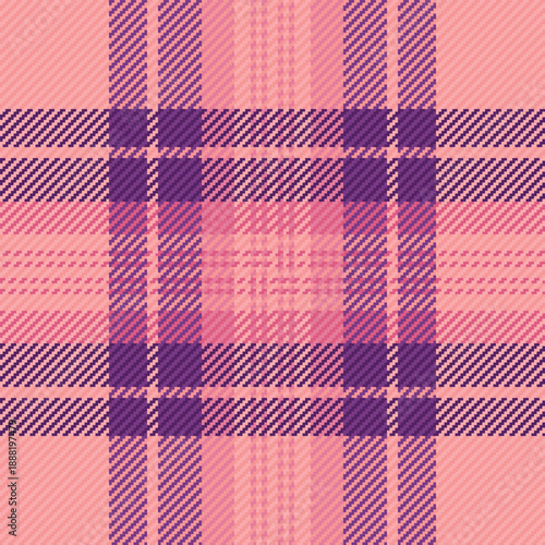 Geometry plaid check seamless, self textile vector texture. Composition tartan fabric pattern background in red and purple colors.