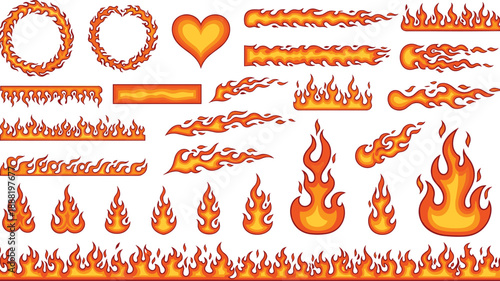 Stylized flame icon collection, borders, rings, heart, trails, vibrant fire shapes in orange red yellow, flat vector illustration