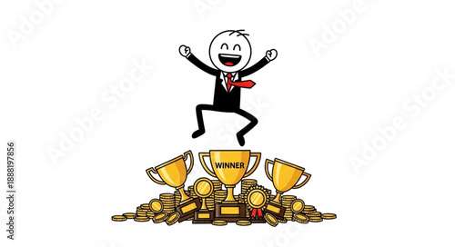 Excited Stick Figure Businessman Jumps for Joy on Pile of Trophies and Gold Coins.