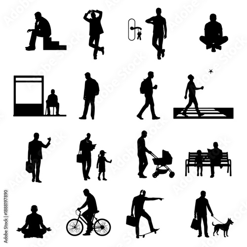 Set of 32 family silhouettes showing parents and children in various daily life scenes: walking, playing, caring, talking, 
Ideal for family concepts, parenting design