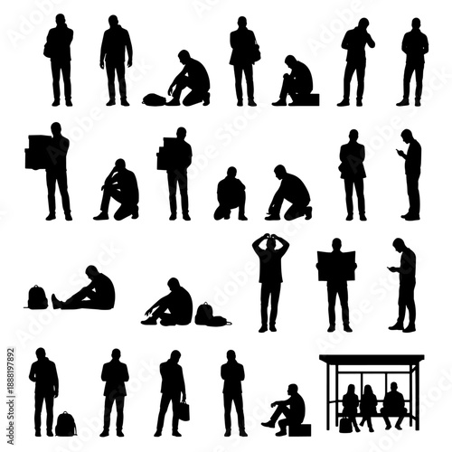 Set of 32 male silhouettes in different everyday poses: standing, sitting on the ground, waiting, checking phone, holding bags, resting at bus stop. Ideal for urban life concepts, lifestyle design.