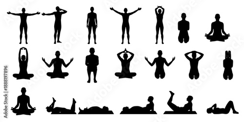 Set of 24 yoga and meditation silhouettes showing people in stretching, breathing, balance, and relaxation poses.
Perfect for wellness design, fitness projects, mindfulness concepts, and healthy lifes