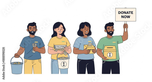 Diverse people holding donation items and a sign.