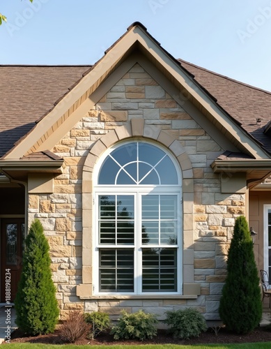 Exterior shot of a modern house featuring stone veneer walls and a large arched window. Green shrubs and trees adorn the manicured lawn outside. © Maryna