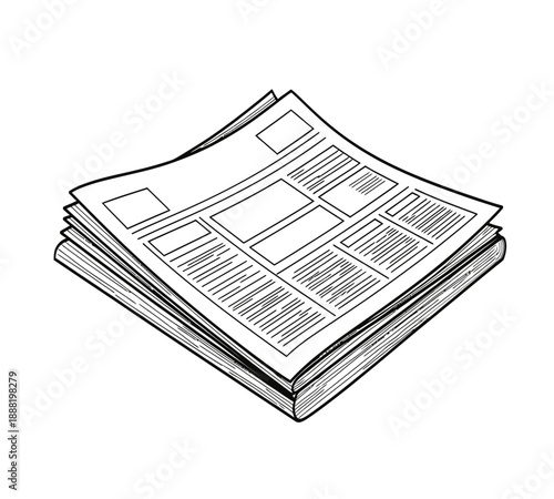 A stack of newspapers with visible text and layout details presented in a sketch style