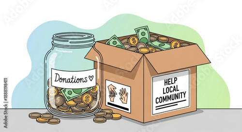 Donation jar and box filled with money for community help.