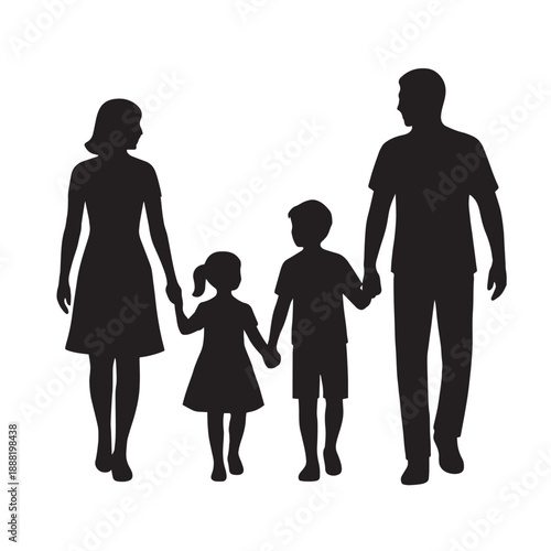"Walking Family Silhouette – Parents with Children Holding Hands"