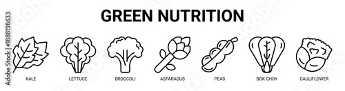 Green Nutrition web banner icon vector illustration concept with icon of kale, lettuce, broccoli, asparagus, peas, bok choy, and cauliflower.