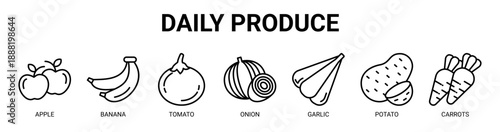 Daily Produce web banner icon vector illustration concept with icon of apple, banana, tomato, onion, garlic, potato, and carrots.