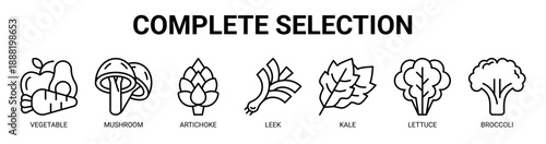 Complete Selection web banner icon vector illustration concept with icon of vegetable, mushroom, artichoke, leek, kale, lettuce, and broccoli.