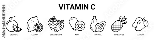 Vitamin C web banner icon vector illustration concept with icon of orange, lemon, strawberry, kiwi, papaya, pineapple, and mango.