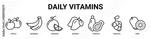 Daily Vitamins web banner icon vector illustration concept with icon of apple, banana, orange, mango, papaya, grapes, and kiwi.