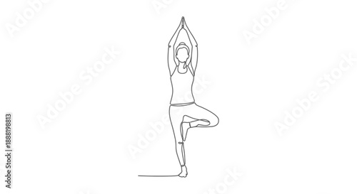 continuous line art drawing of a woman performing yoga tree pose for meditation and mindfulness in fitness and wellness concepts