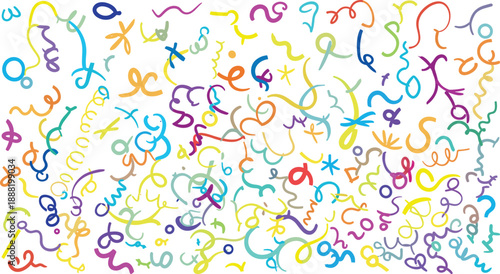 Colorful abstract squiggle and loop pattern, vibrant curls and symbols, playful texture, vector design illustration