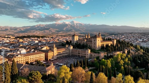 Aerial view of the Alhambra Palace in Granada Spain at golden hour with snow-capped Sierra Nevada mountains in background