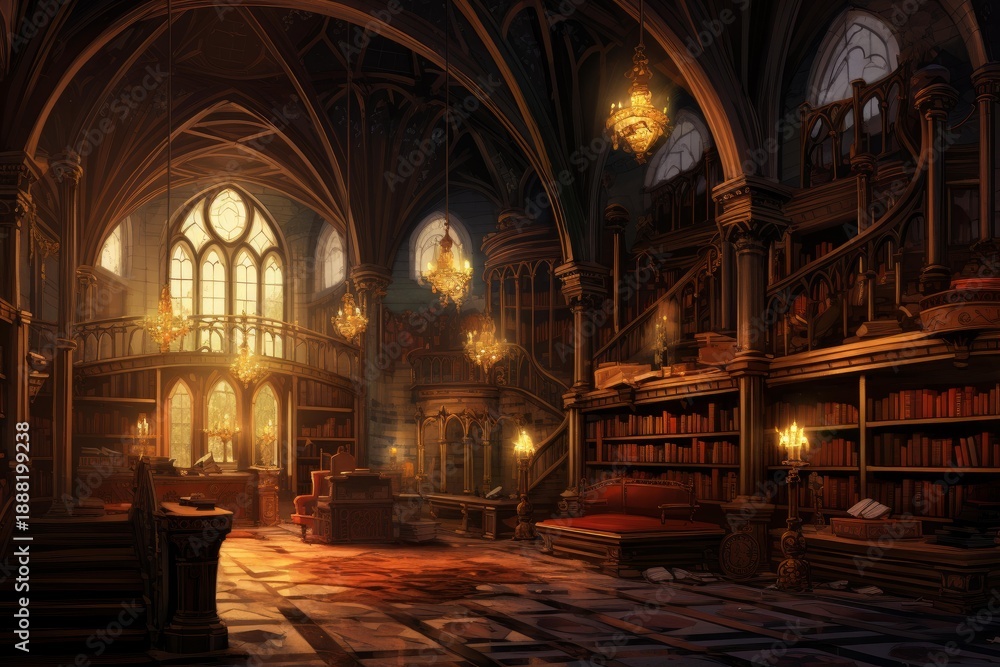 Obraz premium Sunlight illuminating dusty gothic library with books, candles, chandeliers and wooden furniture