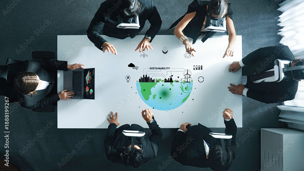 Fototapeta premium A diverse business team engages in a virtual reality meeting, discussing sustainability strategies while interacting with a digital globe, emphasizing innovative collaboration. Trope
