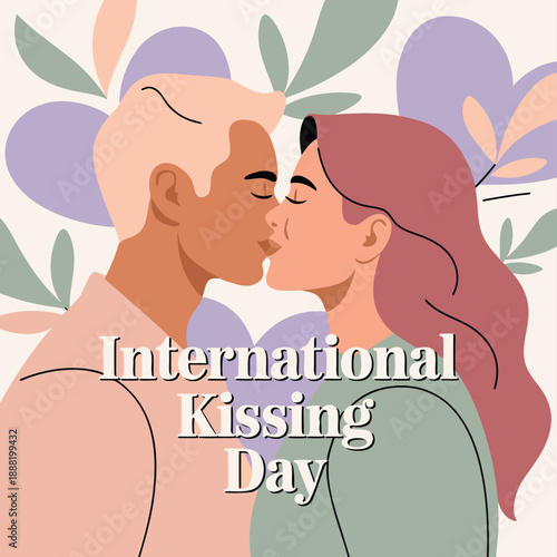 A digital illustration depicts a couple kissing celebrating international kissing day with floral elements