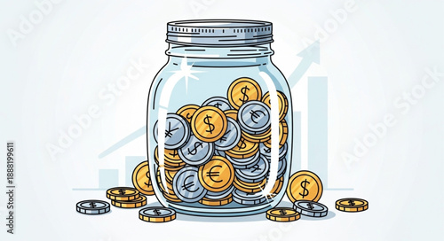Glass jar filled with coins and currency symbols.