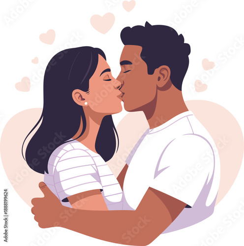 A diverse couple shares a tender kiss embraced within a heart shaped pastel colored illustration