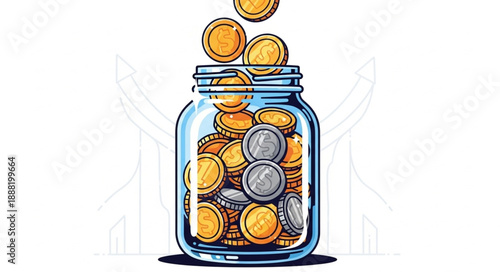 Glass jar filled with coins and falling coins.