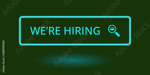 Modern CTA button, "We're Hiring" text, 3D effect, web UI element for landing pages, mobile apps or banners, for HR presentations.