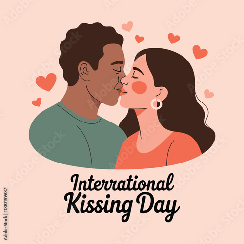 A loving couple shares a kiss surrounded by hearts celebrating international kissing day high quality