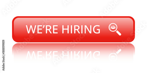 Modern CTA button, "We're Hiring" text, 3D effect, web UI element for landing pages, mobile apps or banners, for HR presentations.