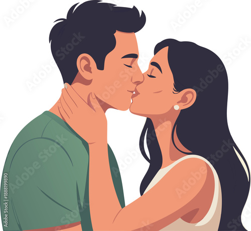 A loving couple shares a tender moment intimately kissing with eyes closed and arms embracing