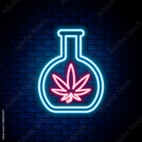 Glowing neon line Chemical test tube with marijuana or cannabis leaf icon isolated on brick wall background. Research concept. Laboratory CBD oil concept. Colorful outline concept. Vector