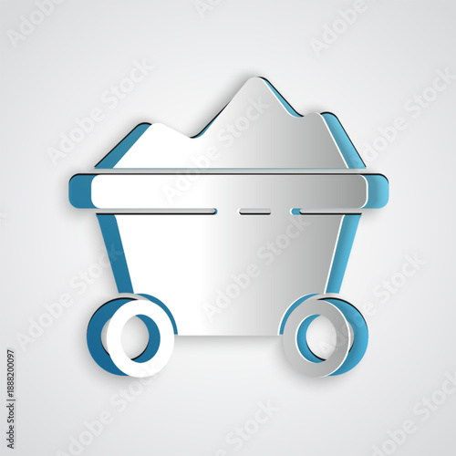 Paper cut Coal mine trolley icon isolated on grey background. Factory coal mine trolley. Paper art style. Vector Illustration