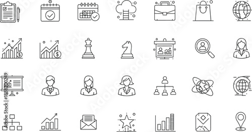 Business icons, strategy symbols, planning tools, global connectivity, financial growth, team collaboration, performance metrics, communication visuals, corporate interface, leadership graphics