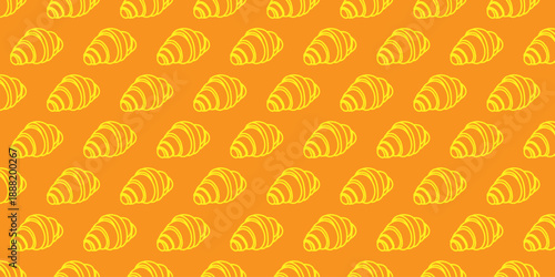 Vibrant seamless pattern featuring golden outline croissants on a bright orange background, ideal for bakery branding, breakfast menus, food packaging, and charming culinary digital or print designs