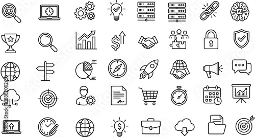 Business icons, technology symbols, productivity tools, data analytics, innovation elements, financial growth, cloud computing, goal setting, time management, strategy design