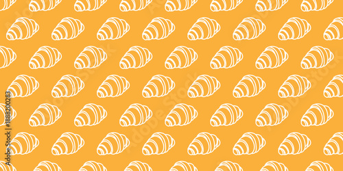 A vibrant orange background features a charming, repeating pattern of outlined white croissants, creating a delightful and appetizing design.